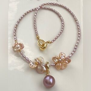 N182-Handmade Champagne Double Petal Pearl Flower Pearl Necklace